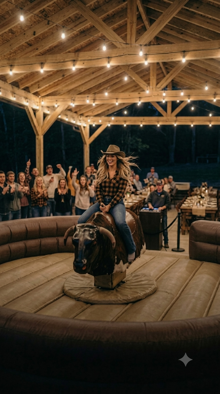 Rider mid-air on a mechanical bull at a Southern California event